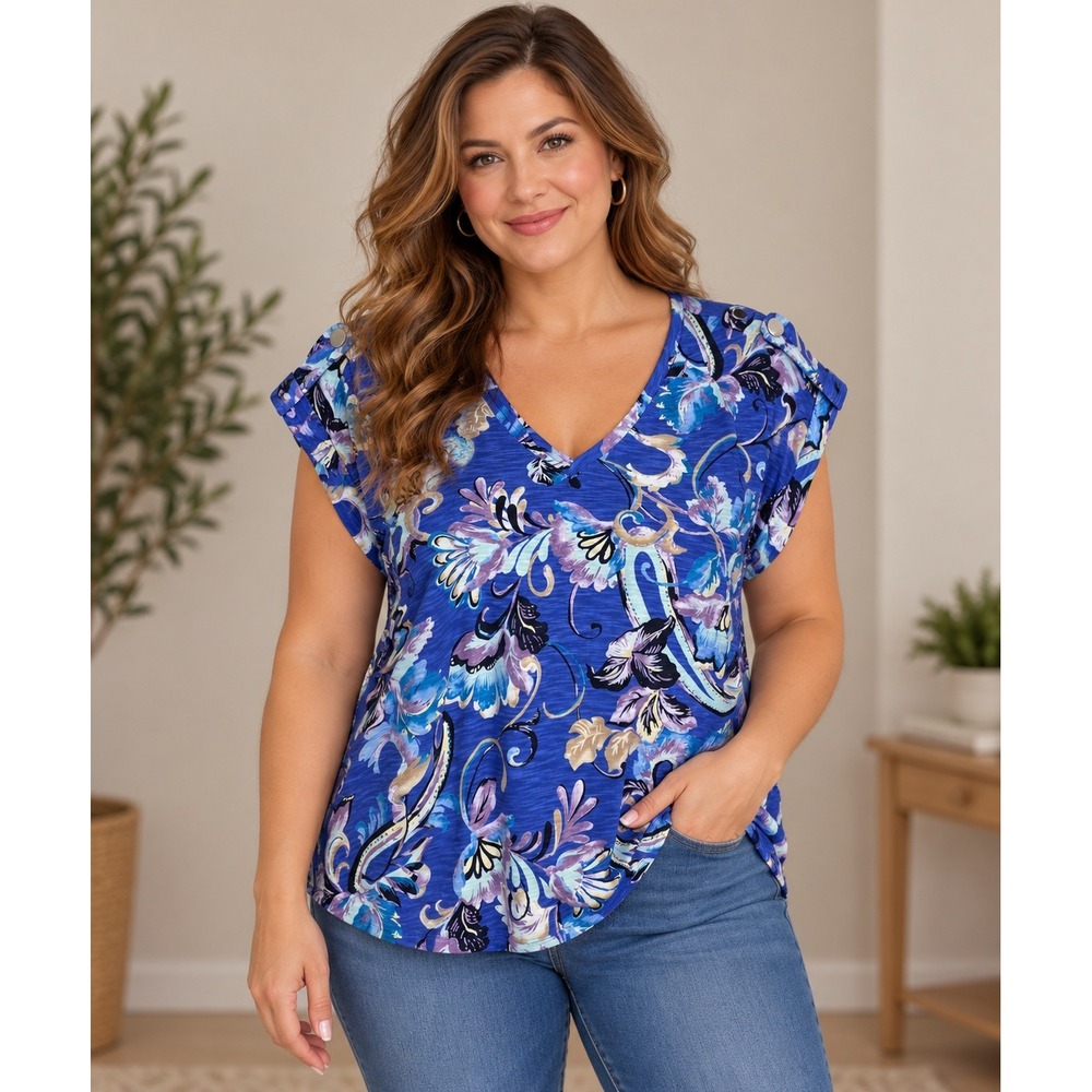 Chico's Paisley Slub Jersey Top Womens XL Blue Floral Button Shoulder Casual